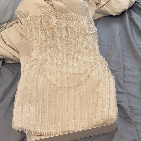 Strapless Ivory Pearl-Beaded Evening Dress - Picture 2 of 6